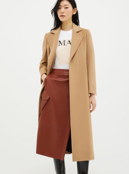 Enrich Women Camel Belted Wool Coat Max&Co Coats And Trench Coats
