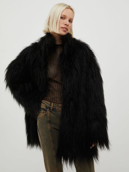 Black Inviting Women Max&Co Furry Plush Coat Coats And Trench Coats