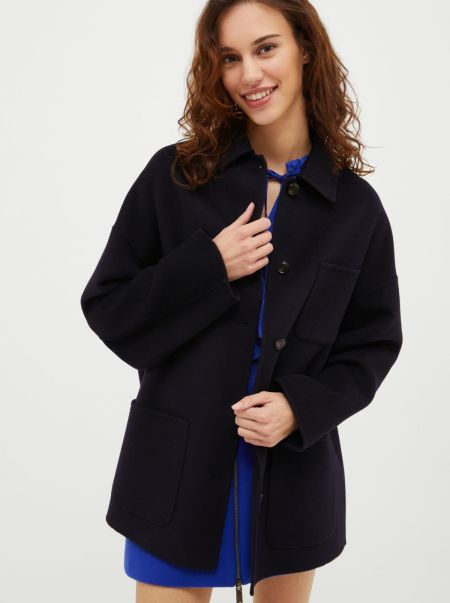 Navy Blue Women Double-Faced Wool-Blend Coat Max&Co Must-Go Prices Coats And Trench Coats
