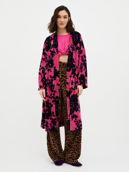 Max&Co Women Fuchsia Pattern Crinkle-Effect Velvet Coat Comfortable Coats And Trench Coats