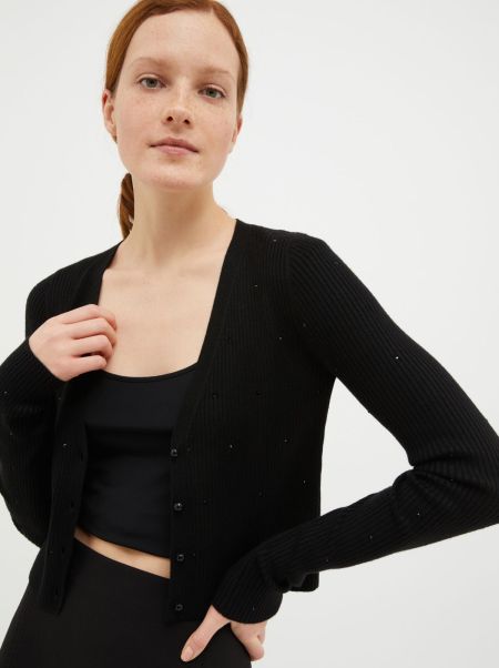 Black Max&Co Fashionable Rhinestone-Embellished Twin Set Sweaters And Cardigans Women