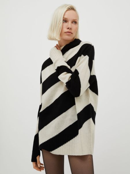 Sleek Sweaters And Cardigans Max&Co Ivory Pattern Pure Wool Jumper With Maxi Stripes Women