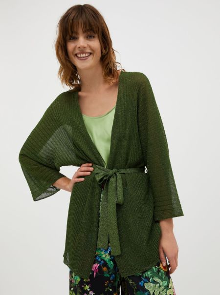 Women Sweaters And Cardigans Ribbed Lurex-Knit Cardigan Green Reduced Max&Co