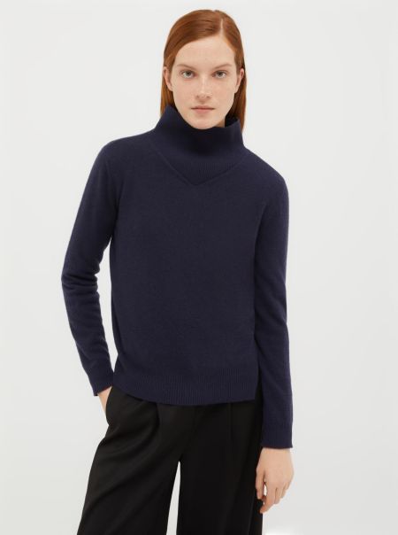Best Women Max&Co Navy Blue Polo Neck Wool-Blend Jumper Sweaters And Cardigans