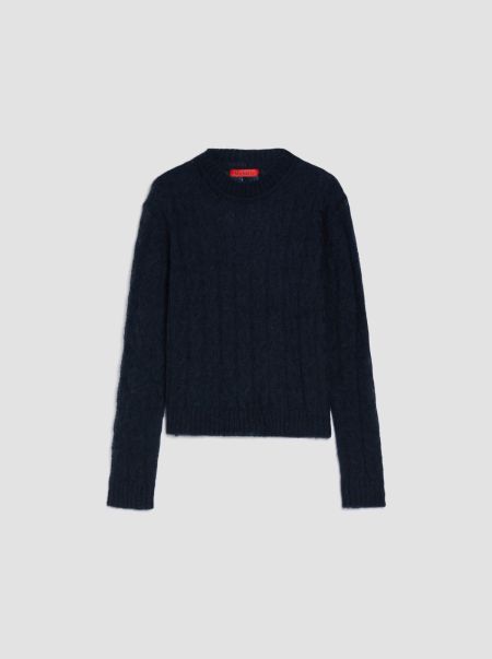 Navy Blue Women Max&Co Contemporary Sweaters And Cardigans Cable-Knit Mohair-Blend Jumper