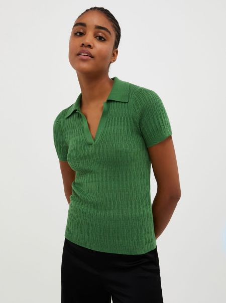 Women Cozy Max&Co Green Pattern Cotton And Modal-Blend Polo Shirt Sweaters And Cardigans