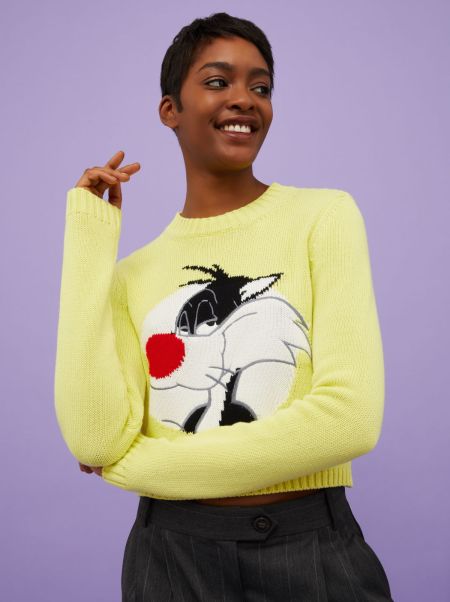 Performance Sweaters And Cardigans Women Acid Yellow Cropped Jumper Max&Co. With Looney Tunes