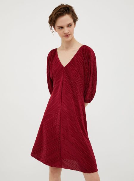 Quick Dresses And Jumpsuits Max&Co Micro-Pleated Jersey Dress Women Burgundy