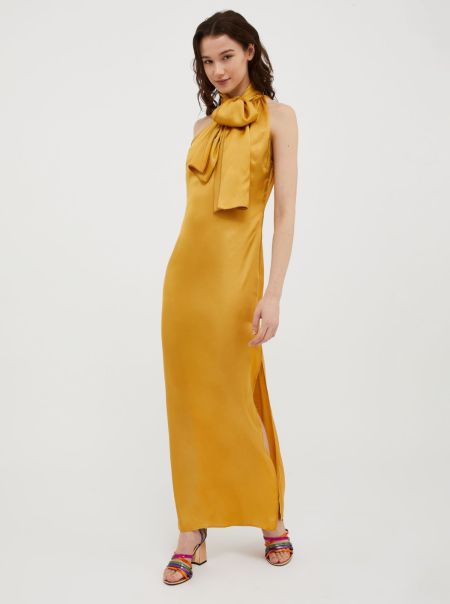 Max&Co Off-The-Shoulder Satin Dress Mustard Dresses And Jumpsuits Women Modern