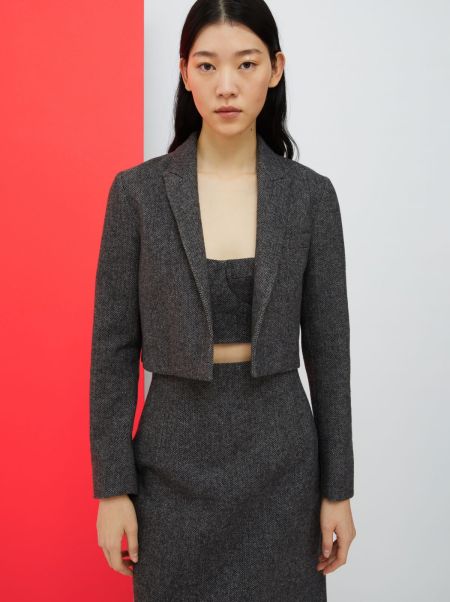 Dark Grey Pattern Max&Co Suits De-Coated With Anna Dello Russo Wool-Blend Flannel Jacket Women Streamlined