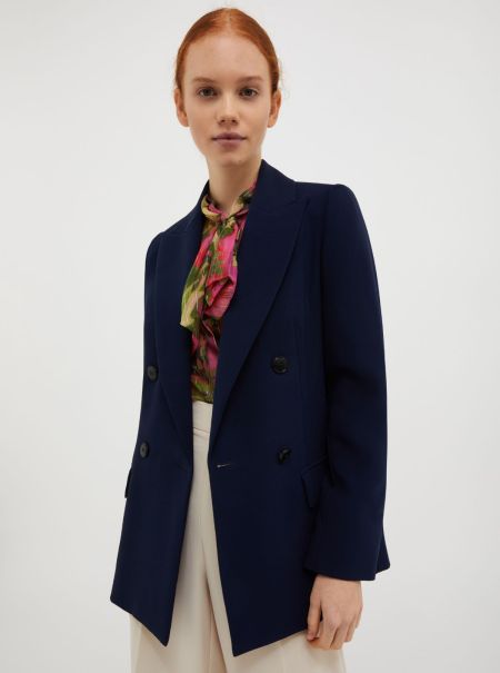 Women Navy Blue Suits Max&Co Double-Breasted Satin Blazer Discount