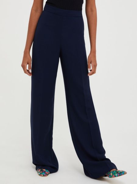 Inviting Straight-Cut Satin Trousers Women Navy Blue Suits Max&Co