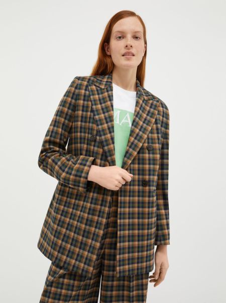 Women Custom Beige Pattern Max&Co Double-Breasted Flannel Blazer Suits