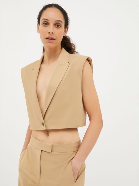 Distinct Women Cropped Plunge-Neck Waistcoat Suits Max&Co Camel