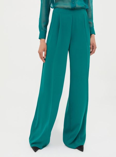 Discover Women Crepe Palazzo Trousers Oil Green Suits Max&Co