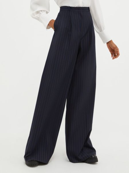 Wide-Leg Flannel Trousers Superior Max&Co Navy Blue Pattern Women Suits
