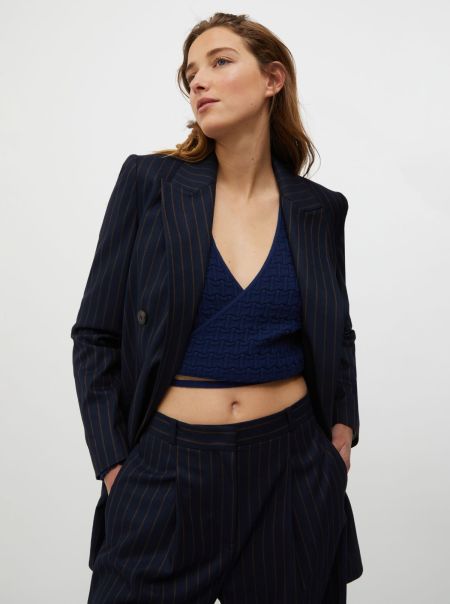 Navy Blue Pattern Suits Women Max&Co Double-Breasted Flannel Blazer Guaranteed