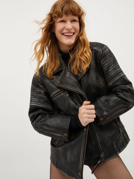 Jackets And Blazers Black Now Women Max&Co Oversized Aged-Leather Biker Jacket