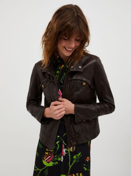 Washed Leather Jacket Women Max&Co Dark Brown Generate Jackets And Blazers