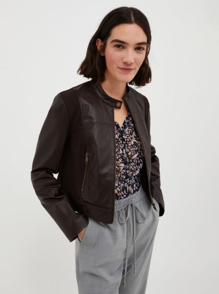 Dark Brown Cropped Jersey And Leather Jacket Jackets And Blazers Max&Co Women Sleek
