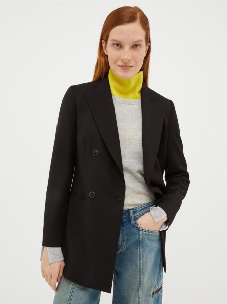 Women Black Versatile Max&Co Jackets And Blazers Double-Breasted Flannel Blazer