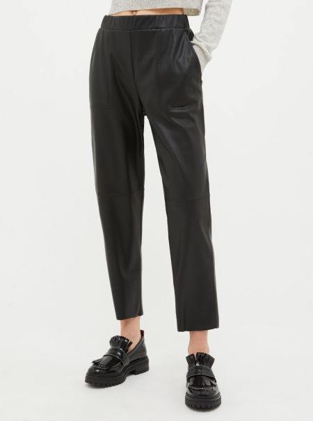 Black Women Trousers Max&Co Tapered Coated-Jersey Trousers Cutting-Edge
