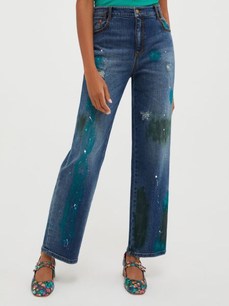 Midnight Blue Women Trousers Affordable Max&Co Hand-Painted Hipster Jeans