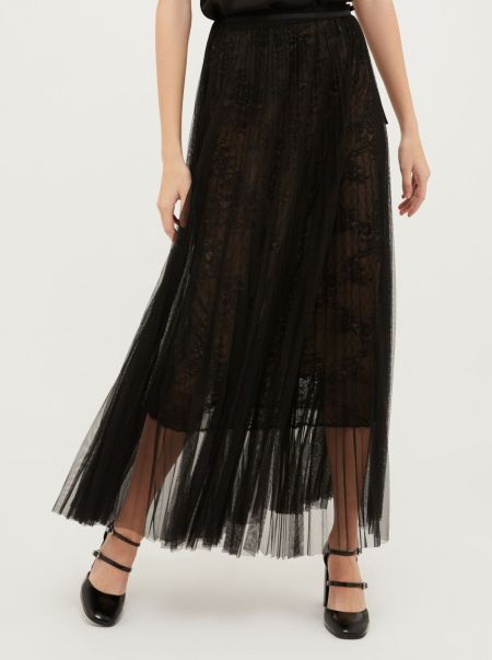 Max&Co Women Skirts Black Made-To-Order Lace And Jersey-Tulle Maxi Skirt