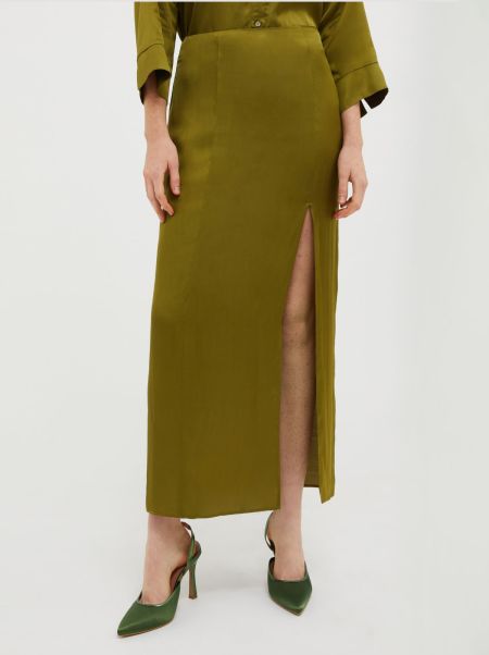 Women Olive Green Side-Slit Satin Skirt Skirts Max&Co 2024