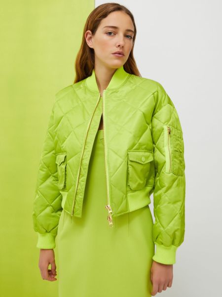 Women Acid Green Custom De-Coated With Anna Dello Russo Quilted Bomber Jacket Max&Co Puffer Jackets