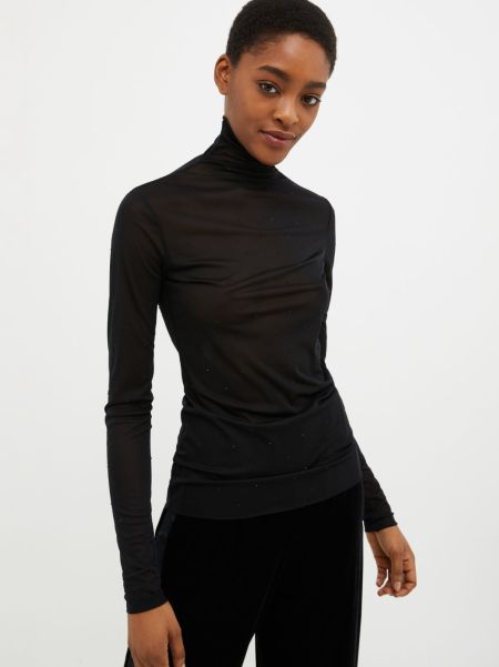 Redefine Max&Co Women Black Shirts And Tops Rhinestone Tulle-Jersey Turtleneck