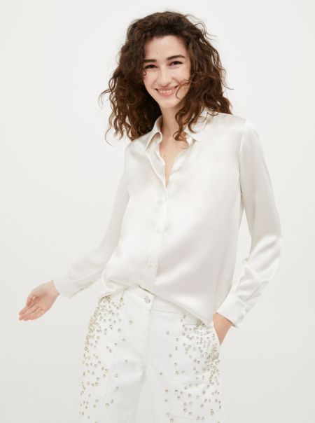 Women Long-Sleeved Silk-Satin Shirt Exquisite Max&Co Wool White Shirts And Tops