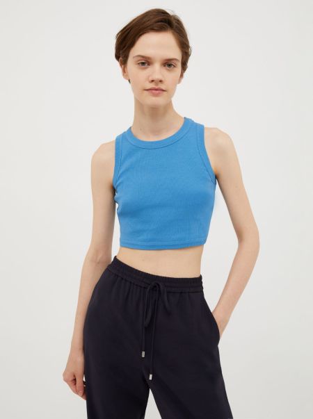 Sky Blue Original Women Shirts And Tops Max&Co Ribbed Cotton Cropped Top