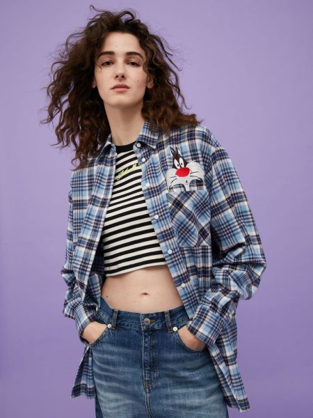 Women Luxurious Shirts And Tops Checked Flannel Shirt Max&Co. With Looney Tunes Light Blue