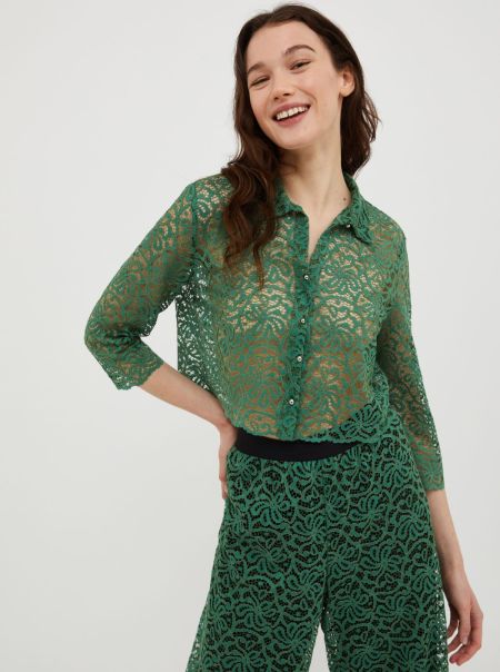 Superior Shirts And Tops Max&Co Lace-Jersey Cropped Shirt Green Pattern Women