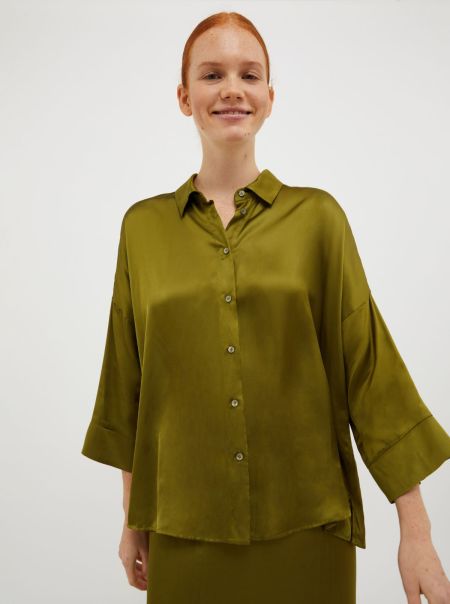 Olive Green Shirts And Tops Loose-Fitting Satin Shirt Women Superior Max&Co