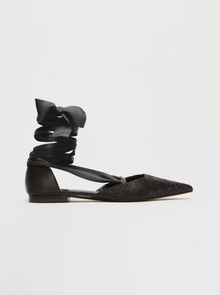 Rhinestone Satin Ballet Flats Shoes Bargain Max&Co Women Black